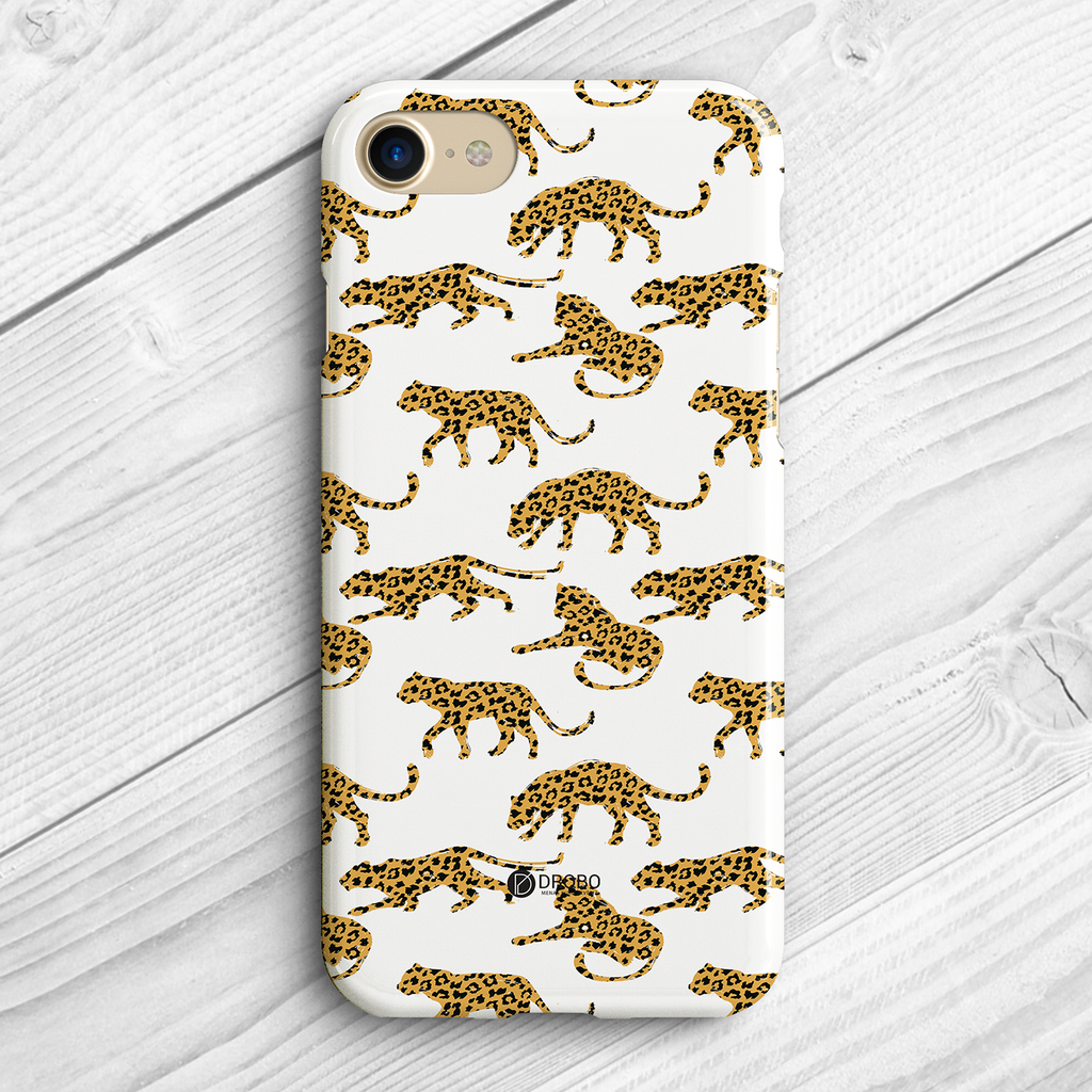 baltas telefono dekliukas su leopardais