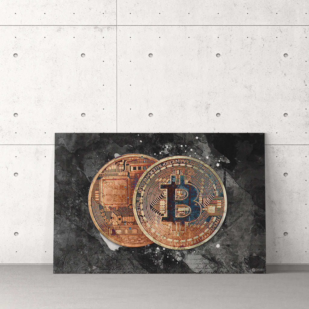 bitcoin moneta paveikslas ant drobės